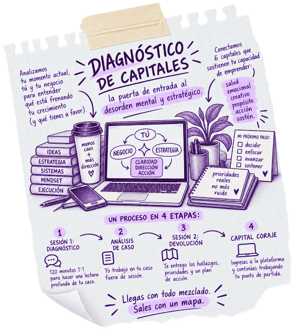 Ilustración del Diagnóstico de Capitales: proceso en cuatro etapas, seis capitales y claridad para tu negocio.